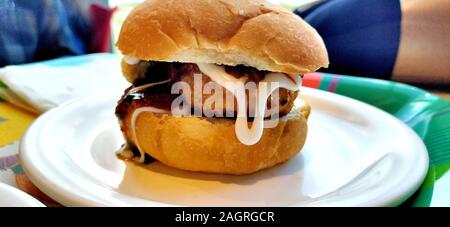 Closeup of home made vegetarian aloo tikki burgers on plate Stock Photo