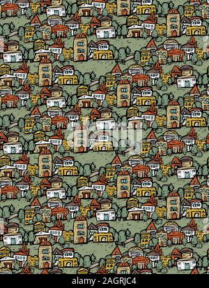 Suburb houses trees fields panorama seamless pattern Stock Vector