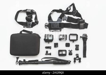 Minsk, Belarus - December 20, 2019: GoPro HERO 7 Black action camera with accessories on white background top view. Stock Photo