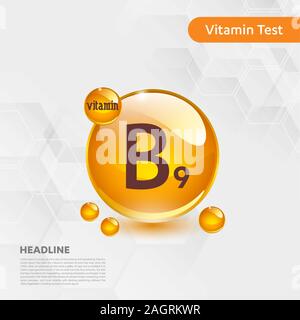 Vitamin B9 icon Drop collection set, cholecalciferol. golden drop Vitamin complex drop. Medical for heath Vector illustration Stock Vector