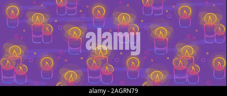Candles horizontal cover in color line on purple background. Hanukkah symbol in Decorative vector. Social media design texture. Party backdrop. Happy holiday celebration Doodle for festive wallpaper. Stock Vector
