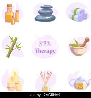 Spa therapy icons set on white background for wellness salon. Relax massage vector illustration. Body health nature concept. Beauty skincare design elements. Herbal organic collection. Stock Vector