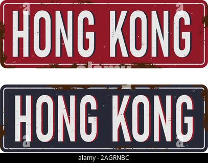 Road Sign to Hong Kong, Blue and red sign in the city Stock Vector