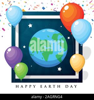 Earth illustration on dark background frame with colorful balloon Stock Vector