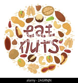 Vector illustration with flat nuts arranged in a circle shape with lettering - eat nuts. Stock Vector