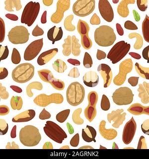 Seamless vector pattern with different nuts peeled and shelled. Stock Vector