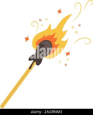 Flat vector illustration of a lighted match with sparks. Stock Vector