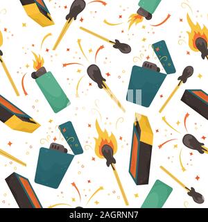 Seamless vector pattern with burning matches, lighters and matchbox. Stock Vector