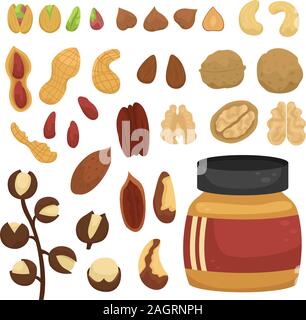 Vector set of different nuts and jars of nut paste. Stock Vector