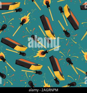 Seamless vector pattern with burning matches and matchbox. Stock Vector