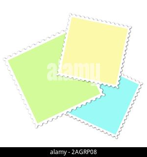 Three colorful postage stamps in front of white background Stock Photo