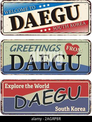 Daegu rusted metal road sign isolated on white background. Stock Vector