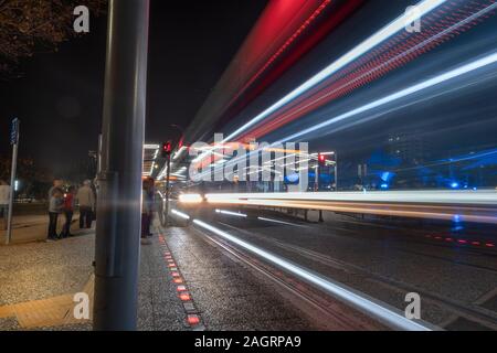 Traffic light trails from tram in downtown of Izmir,Turkey. - Image Stock Photo