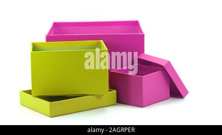 Empty colorful cardboard boxes against white background Stock Photo