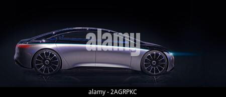 FRANKFURT, GERMANY - SEP 19, 2019: Mercedes Benz Vision EQS luxury electric concept car reveiled at the Frankfurt IAA Motor Show 2019.mixed media Stock Photo