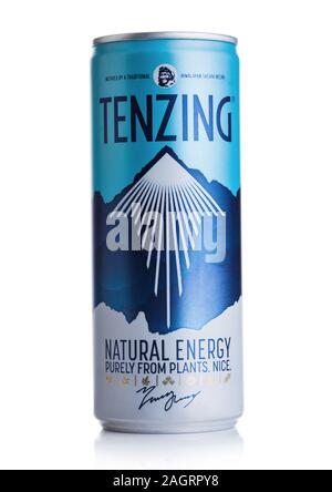 LONDON, UK - DECEMBER 20, 2019: Aluminium can of Tenzing Natural energy drink on white. Stock Photo