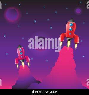 Space launch of two rockets on an isolated stellar background. Vector image Stock Vector