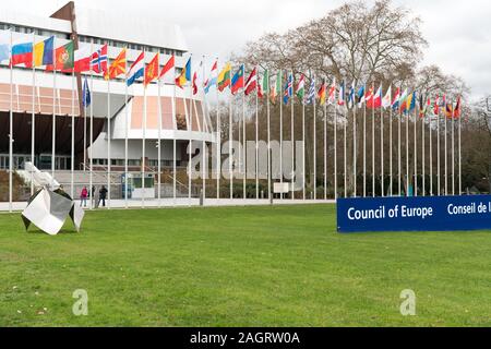 Strasbourg, Bas-Rhin / France - 14. December, 2019: view of the Council of Europe in Strasbourg with the flags of member nations Stock Photo