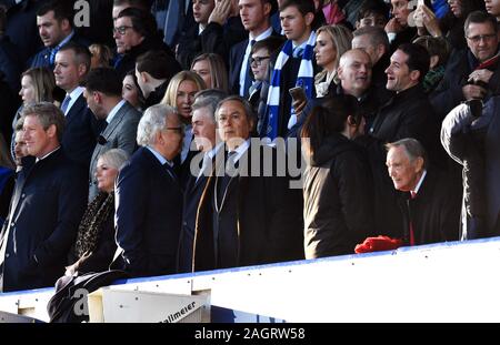 Everton manager Carlo Ancelotti (centre) with chairman Bill Kenwright (centre left) and owner Farhad Moshiri in the stands during the Premier League match at Goodison Park, Liverpool. Stock Photo