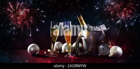 Festive New Year Party banner with champagne bottle and glasses, christmas decorations and red blue fireworks against a dark background in panoramic f Stock Photo