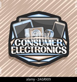 Vector logo for Consumer Electronics, black decorative badge with illustration of set brown electronic items, signboard with original lettering for wo Stock Vector