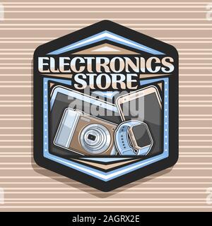 Vector logo for Electronics Store, black decorative signboard with illustration of set modern web electronic products, sign board with original typefa Stock Vector