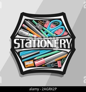 Vector logo for office Stationery, black creative signboard with illustration of group variety colorful school stationary, label with decorative lette Stock Vector
