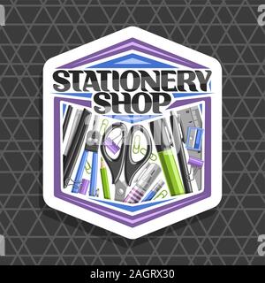Vector logo for Stationery Shop, white hexagonal sign board with illustration of group different colorful school accessories, decorative lettering for Stock Vector