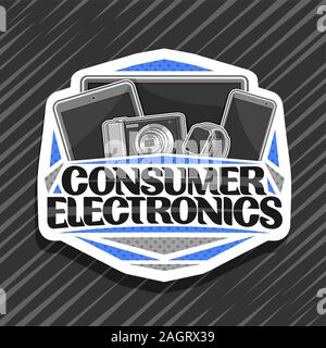 Vector logo for Consumer Electronics, decorative cut paper badge with illustration of set gray electronic products, concept with original typeface for Stock Vector
