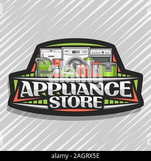 Vector logo for Appliance Store, black sign board with illustration of different red and green modern home appliances, decorative font for words appli Stock Vector