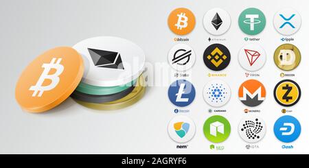 Set of top cryptocurrency tokens. Vector illustration Stock Vector
