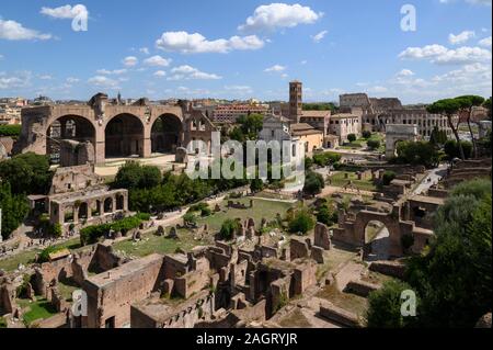 Rome. Italy. View of the Roman Forum (Forum Romanum/Foro Romano) from the Palatine Hill.   On the left is the Basilica of Maxentius and Constantine, t Stock Photo