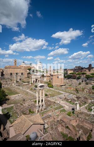 Rome. Italy. View of the Roman Forum (Forum Romanum/Foro Romano) from the Palatine Hill looking towards the Capitoline Hill.   Foreground are the rema Stock Photo