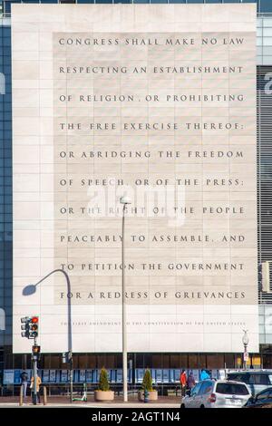 Washington DC, 12 19 2019. First Amendment to the U.S. Constitution is carved on the front of the Newseum, on Pennsylvania Avenue in Washington, DC. T Stock Photo