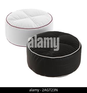 Two round soft leather soft poufs on white background. 3d rendering Stock Photo