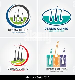 Hair care dermatology logo icon set with follicle medical diagnostics symbols. Alopecia treatment and transplantation concept. Vector transplantation Stock Vector