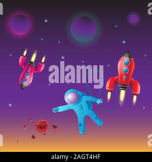Cartoon astronaut and rocket in space on an isolated background. Vector image Stock Vector