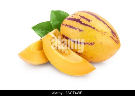 Fresh Pepino fruit with leaves isolated on white background Stock Photo