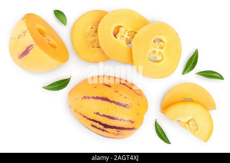 Fresh Pepino fruit with leaves isolated on white background. Top view, flat lay. Stock Photo