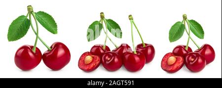 Set of cherries with leaf closeup isolated on white background. Stock Photo