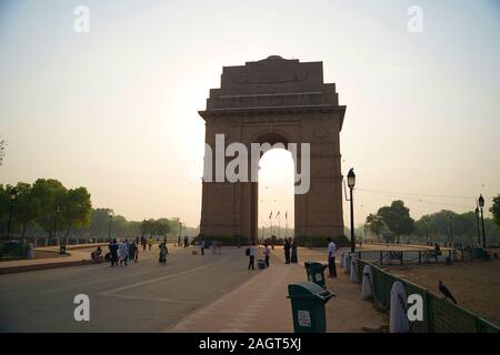 The India Gate is a war memorial located astride the Rajpath, on the eastern edge of the 'ceremonial axis' of New Delhi, formerly called Kingsway Stock Photo