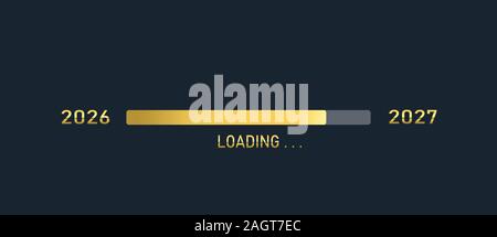 Golden loading progress bar of 2026, 2027, happy new years isolated on dark background. Stock Photo