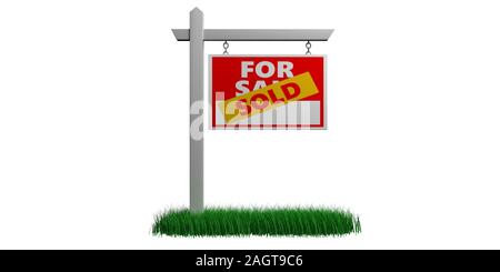 Sold sign over for sale sign on grass isolated cutout against white background. Real estate concept. 3d illustration Stock Photo