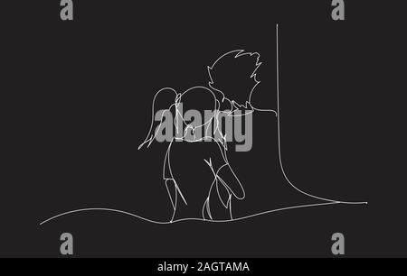 Continuous line drawing of young couple standing One line art. Stock Vector