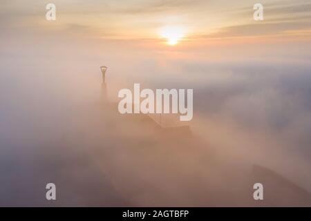 Moody foggy morning in Citadella. Budapest. Hungary. 2019 Winter. Rising sun. fog. mist. Liberty bridge. Bad weather Stock Photo