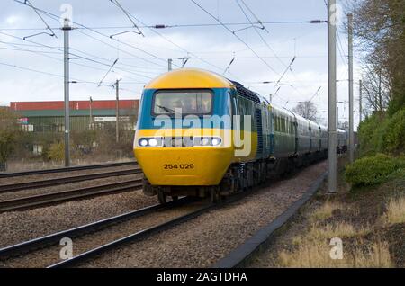 Intercity 125 High Speed Train 43112 & 43006 operate the Let's Go Round Again farewell tour for LNER on 21st December 2019 in full British Rail livery Stock Photo