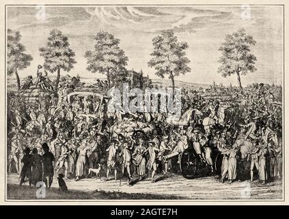 The return of the king Louis XVI and the royal family to Paris. French Revolution 18th century. History of France, old engraved illustration image fro Stock Photo
