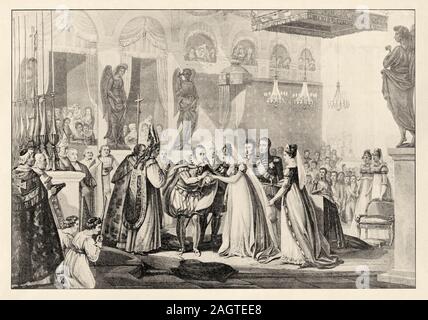 Wedding of the Duke of Berry and Marie-Caroline of Naples, June 17, 1816. History of France, old engraved illustration image from the book Histoire co Stock Photo