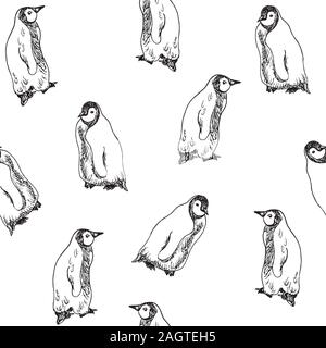 Penguins couple walking in sequence, hand drawn doodle, sketch, seamless pattern design on white background Stock Photo