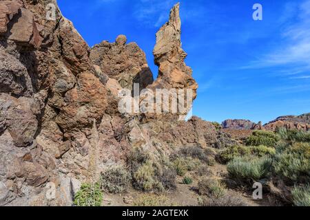 Tenerife landscape with plant Echium wildpretii also know as tower of jewels, red bugloss, Tenerife bugloss or Mount Teide bugloss Stock Photo